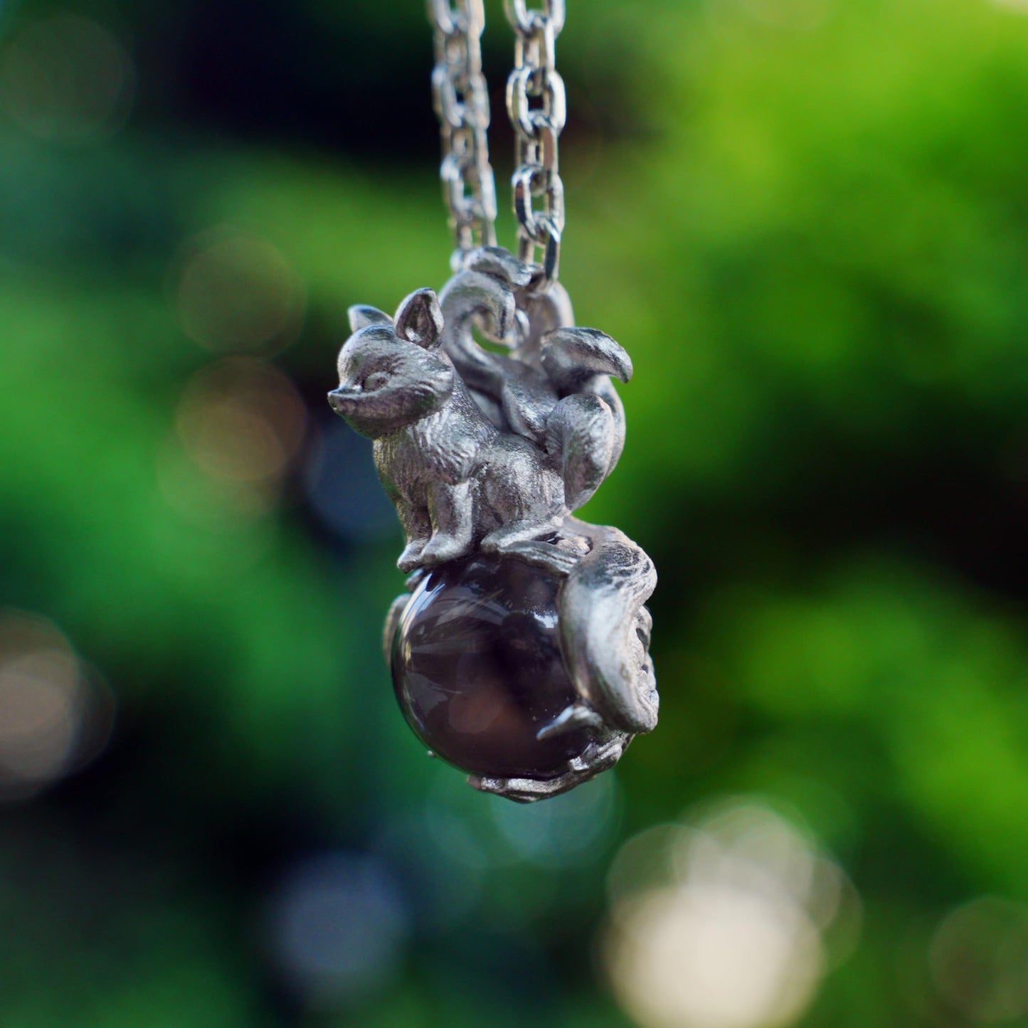 925 Sterling Silver Nine-Tailed Fox Pendant with Phantom Quartz | Handmade Spirit Amulet Necklace | Mythical Fantasy Jewelry Gift