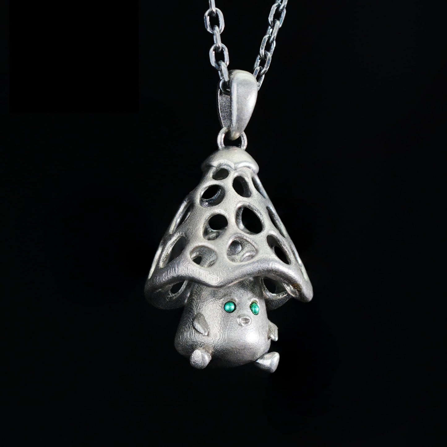 Mushroom Spirit Pendant | Forest Guardian Necklace with Green Zircon Eyes | Fairycore Nature Jewelry Gift for Sensitive Souls
