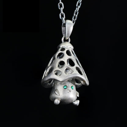 Mushroom Spirit Pendant | Forest Guardian Necklace with Green Zircon Eyes | Fairycore Nature Jewelry Gift for Sensitive Souls