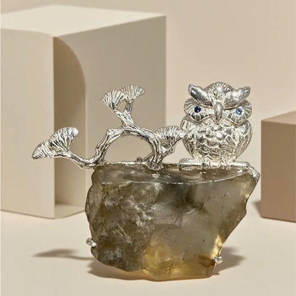 925 Silber Eule Brosche Anhänger 2-in-1, Handgefertigt mit Libyschem Wüstenglas, Symbol für Weisheit & Schutz, Unisex Naturstein Schmuck Geschenk für Frauen & Männer