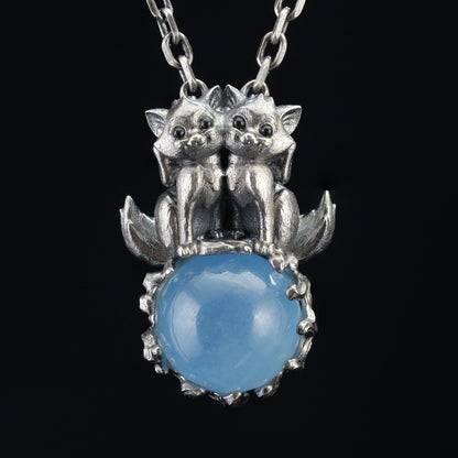 925 Silver Fox Totem Pendant with Aquamarine | Handmade Fantasy Amulet Necklace | Twin Guardian Spirit Jewelry Gift