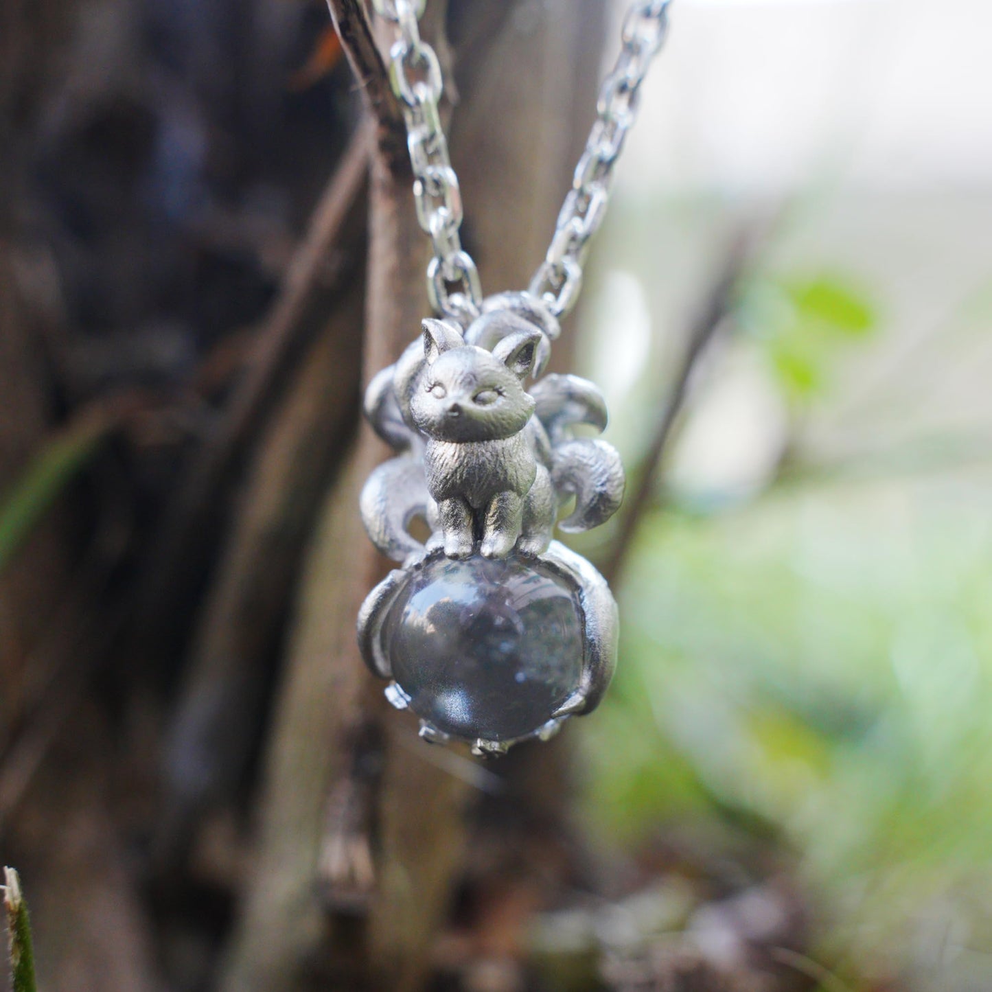 925 Sterling Silver Nine-Tailed Fox Pendant with Phantom Quartz | Handmade Spirit Amulet Necklace | Mythical Fantasy Jewelry Gift