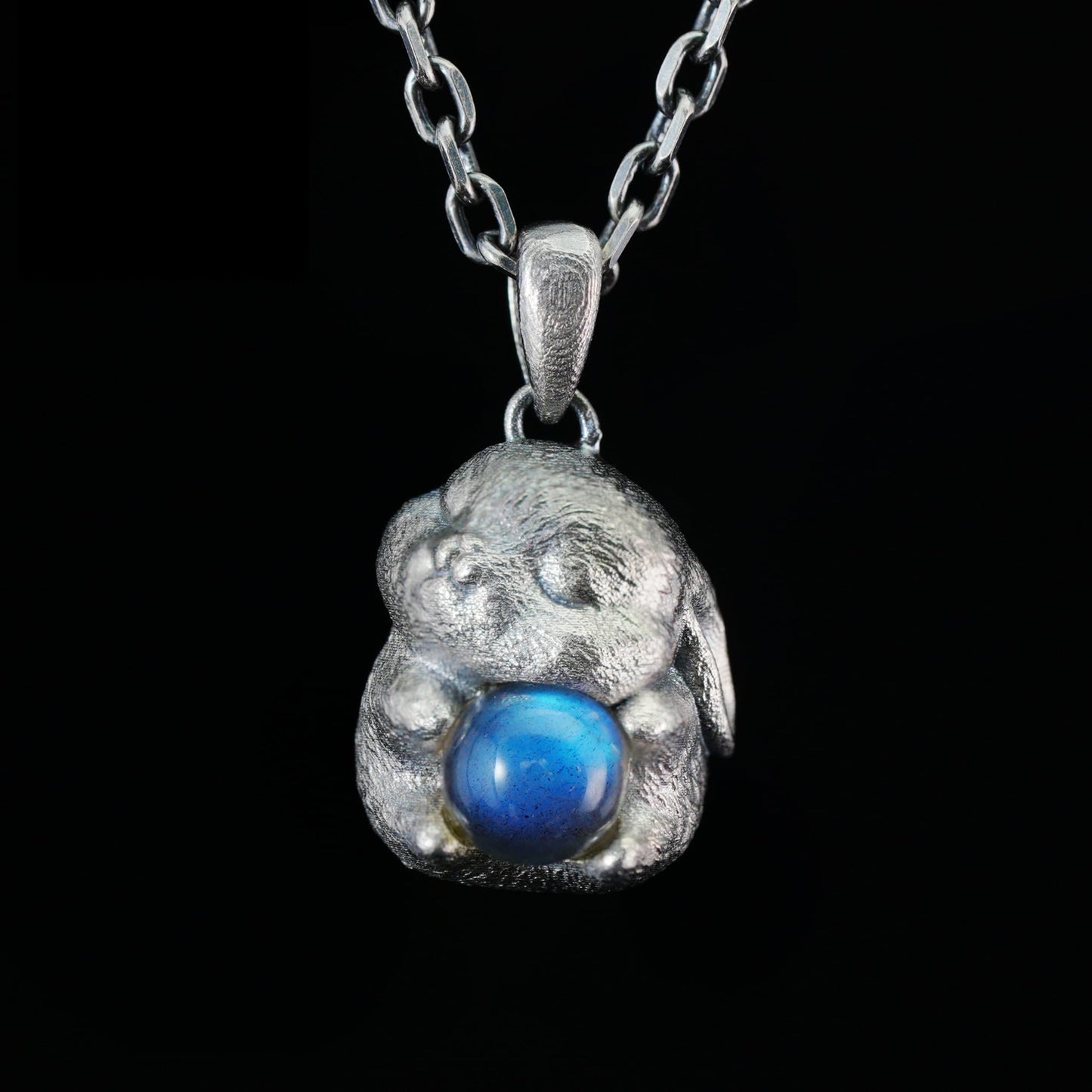 925 Silver Moon Rabbit Necklace with Blue Labradorite | Handmade Bunny Totem Pendant for Peace, Intuition & New Beginnings | Cute Animal Jewelry