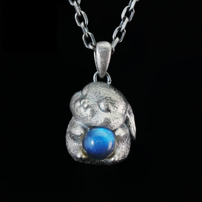 925 Silver Moon Rabbit Necklace with Blue Labradorite | Handmade Bunny Totem Pendant for Peace, Intuition & New Beginnings | Cute Animal Jewelry