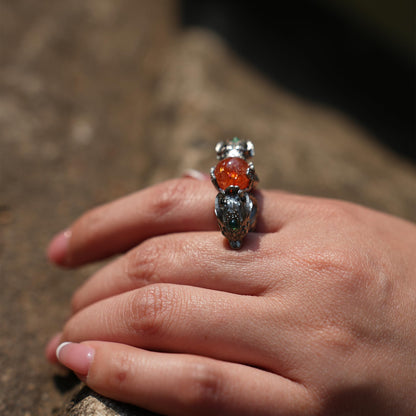 Dragon Ring with Sunstone & Emerald | Handmade 925 Silver Jewelry | Unique Fantasy Ring for Protection & Strength