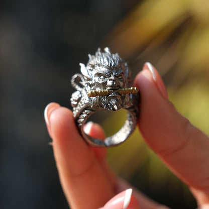 Monkey King Ring in 925 Sterling Silver | Handmade Mythic Jewelry with Gold Accents | Fantasy Artisan Gift for Him