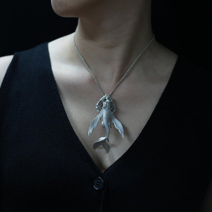 925 Sterling Silver Flying Fish Mermaid Pendant Necklace with Freshwater Pearl | Handcrafted Ocean Fantasy Jewelry | Mythical Sea Spirit Gift for Her