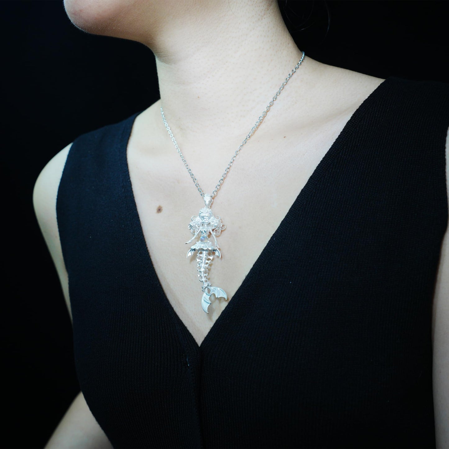 925 Sterling Silver Mermaid Skeleton Pendant with Labradorite | Handcrafted Ocean Amulet Necklace | Gothic Fantasy Jewelry Gift