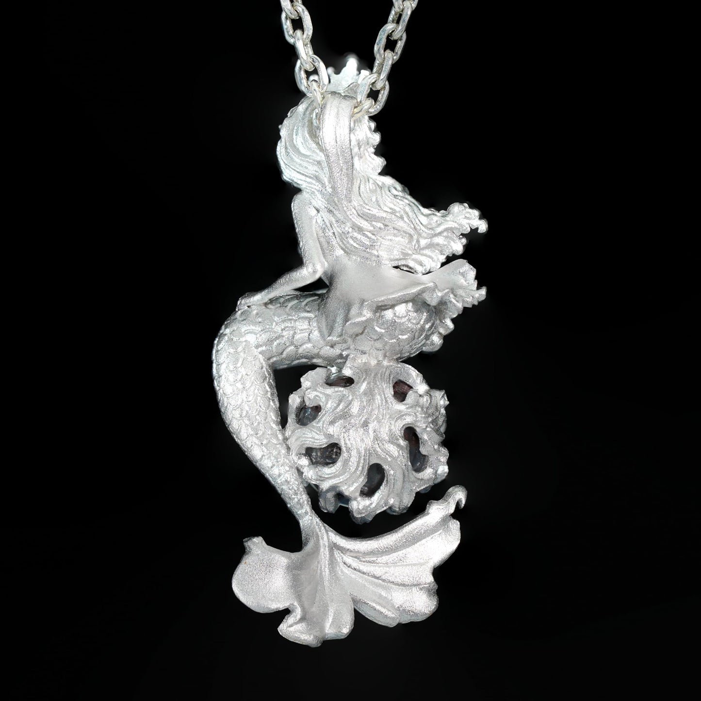 Ocean-Themed Mermaid Necklace | 925 Sterling Silver, Handmade | Crown, Seated Pose | Hand-Engraved Fin | Amulet | Gift for Her