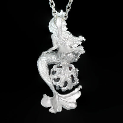 Ocean-Themed Mermaid Necklace | 925 Sterling Silver, Handmade | Crown, Seated Pose | Hand-Engraved Fin | Amulet | Gift for Her