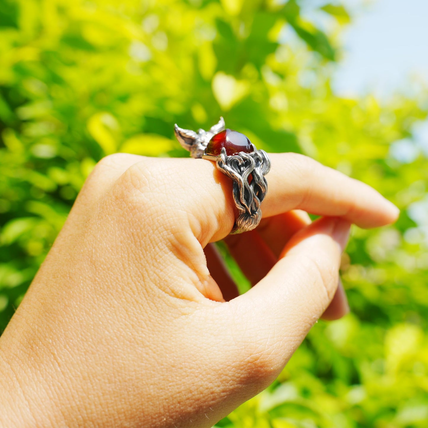 Fox Ring Garnet Protection Talisman | Fantasy Animal Jewelry | Handmade Nature Spirit Ring | Woodland Amulet for Inner Desire