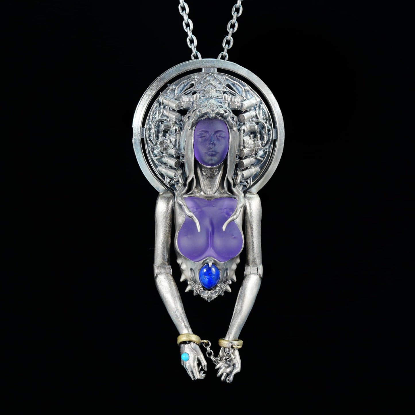 Cyber-Gothic Goddess Pendant | 925 Sterling Silver Necklace with Crystal or Amethyst | Feminist Power & Dark Fantasy Jewelry | Handmade Statement Gift