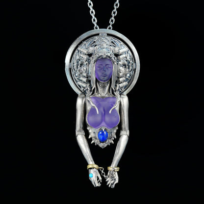 Cyber-Gothic Goddess Pendant | 925 Sterling Silver Necklace with Crystal or Amethyst | Feminist Power & Dark Fantasy Jewelry | Handmade Statement Gift