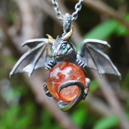 Dragon Pendant with Orange Crystal | Gothic Fantasy Necklace | Handmade Symbolic Talisman for Men & Women