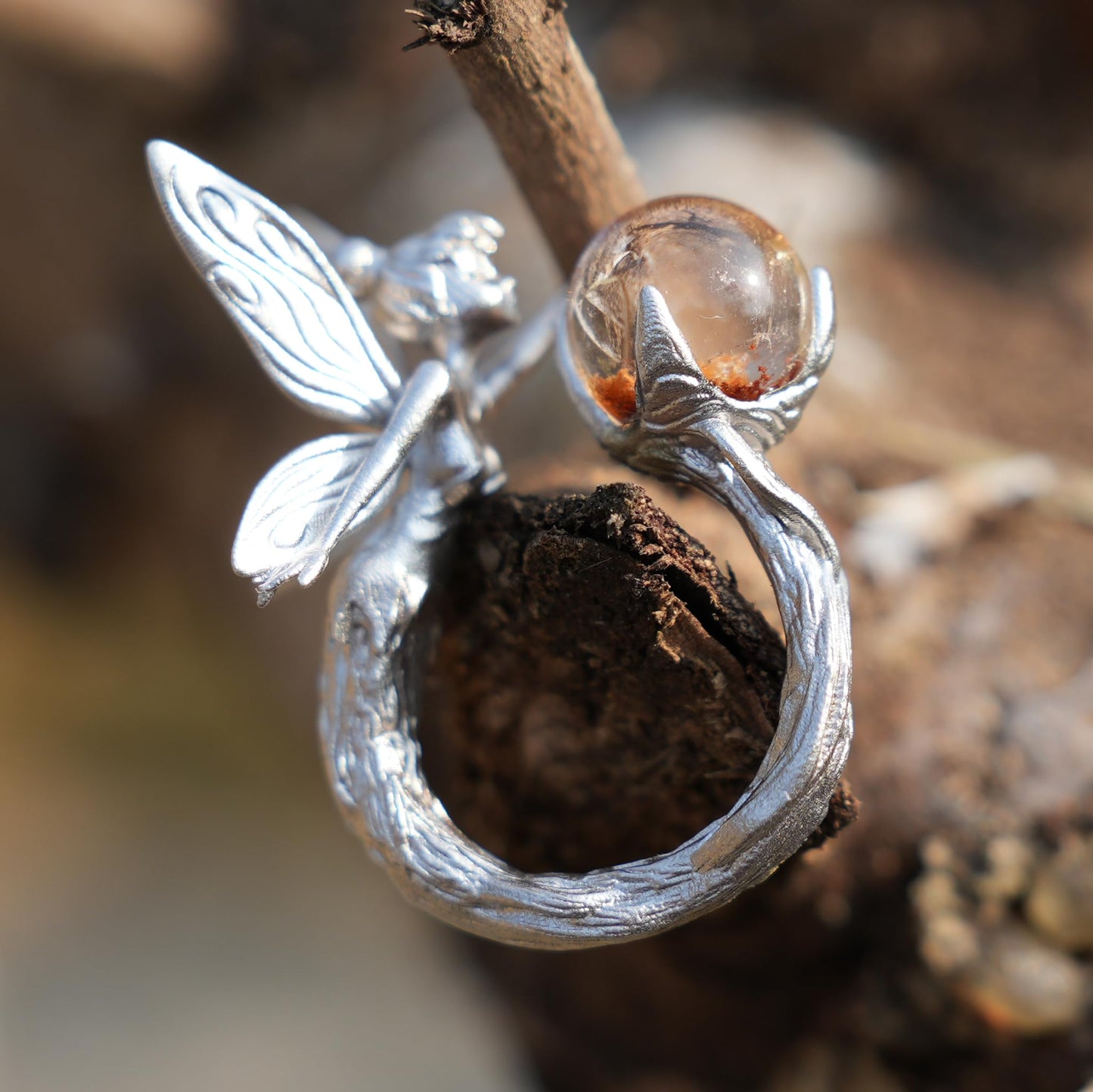 925 Sterling Silver Forest Elf Ring with Natural Phantom Quartz | Handcrafted Nature Fantasy Jewelry | Symbolic Ring for Nature Lovers