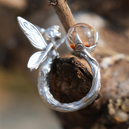 925 Sterling Silver Forest Elf Ring with Natural Phantom Quartz | Handcrafted Nature Fantasy Jewelry | Symbolic Ring for Nature Lovers