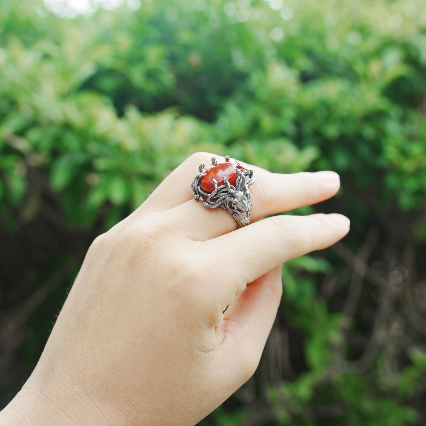 925 Silver Medusa Ring with Red Agate | Handmade Gothic Baroque Jewelry | Fantasy Statement Ring for Dark Aesthetics