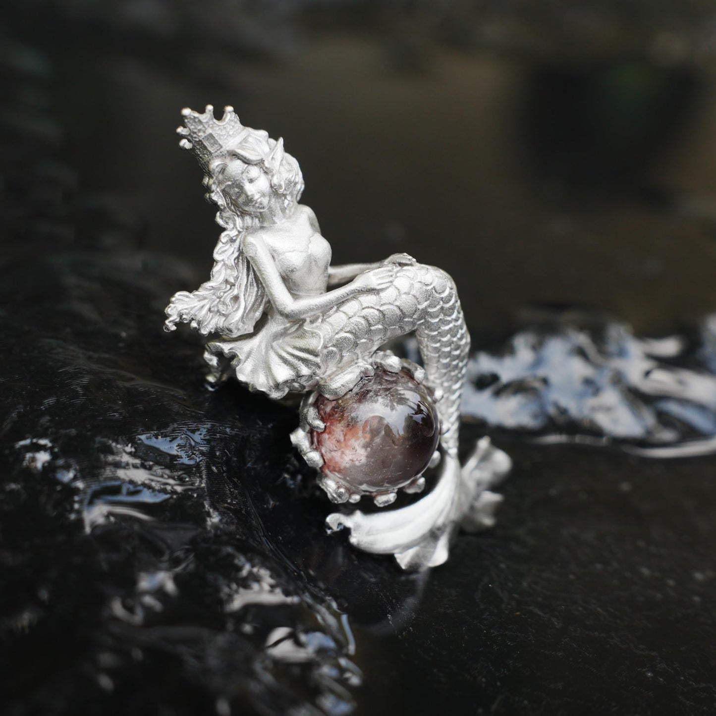 Ocean-Themed Mermaid Necklace | 925 Sterling Silver, Handmade | Crown, Seated Pose | Hand-Engraved Fin | Amulet | Gift for Her