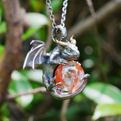 Dragon Pendant with Orange Crystal | Gothic Fantasy Necklace | Handmade Symbolic Talisman for Men & Women