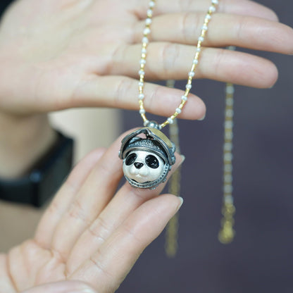 Armored Adventure Panda Pendant | 925 Silver & Brass Jewelry | Movable Sunglasses Design | Whimsical Guardian Amulet for Adventure Lovers
