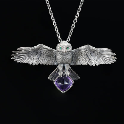 925 Sterling Silver Owl Necklace with Amethyst | Handcrafted Animal Totem Jewelry | Fantasy Guardian Pendant for Wisdom & Focus