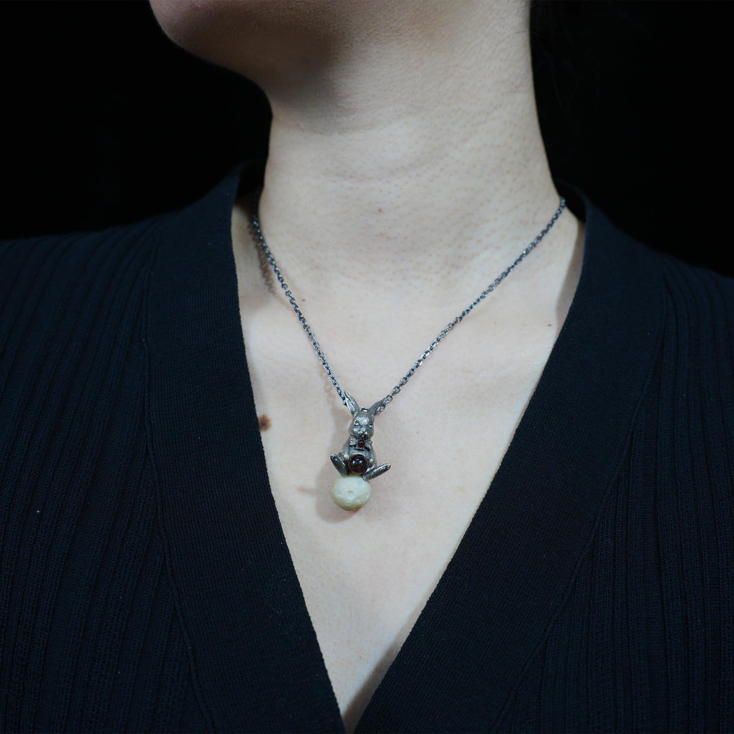 925 Sterling Silver Moon Rabbit Pendant with Red Agate & Phantom Quartz | Handmade Fantasy Necklace | Symbolic Spring Totem Jewelry Gift