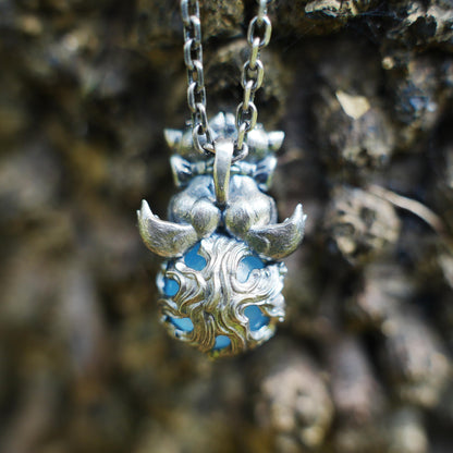 925 Silver Fox Totem Pendant with Aquamarine | Handmade Fantasy Amulet Necklace | Twin Guardian Spirit Jewelry Gift