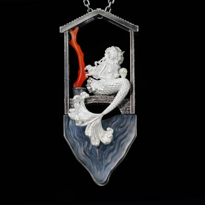 Handcrafted Mermaid Pendant Necklace with Pearl & Coral | Sterling Silver Ocean Fairy Jewelry | Mythical Sea Spirit Gift for Her