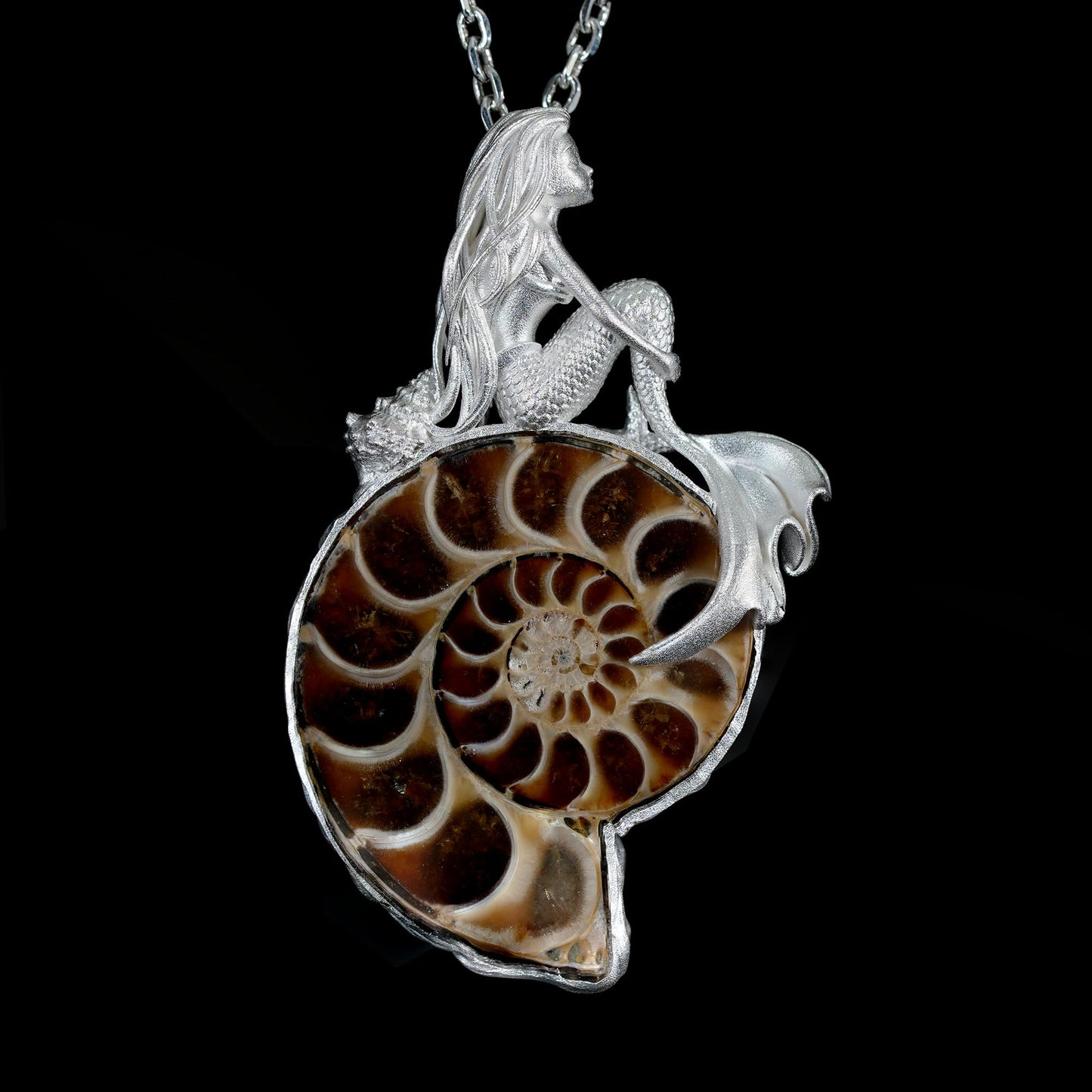 925 Sterling Silver Mermaid Pendant with Fossil Seashell | Handmade Ocean Amulet Necklace | Mythical Siren Jewelry Gift