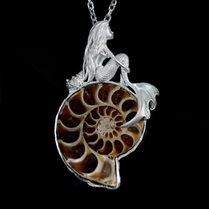 925 Sterling Silver Mermaid Pendant with Fossil Seashell | Handmade Ocean Amulet Necklace | Mythical Siren Jewelry Gift