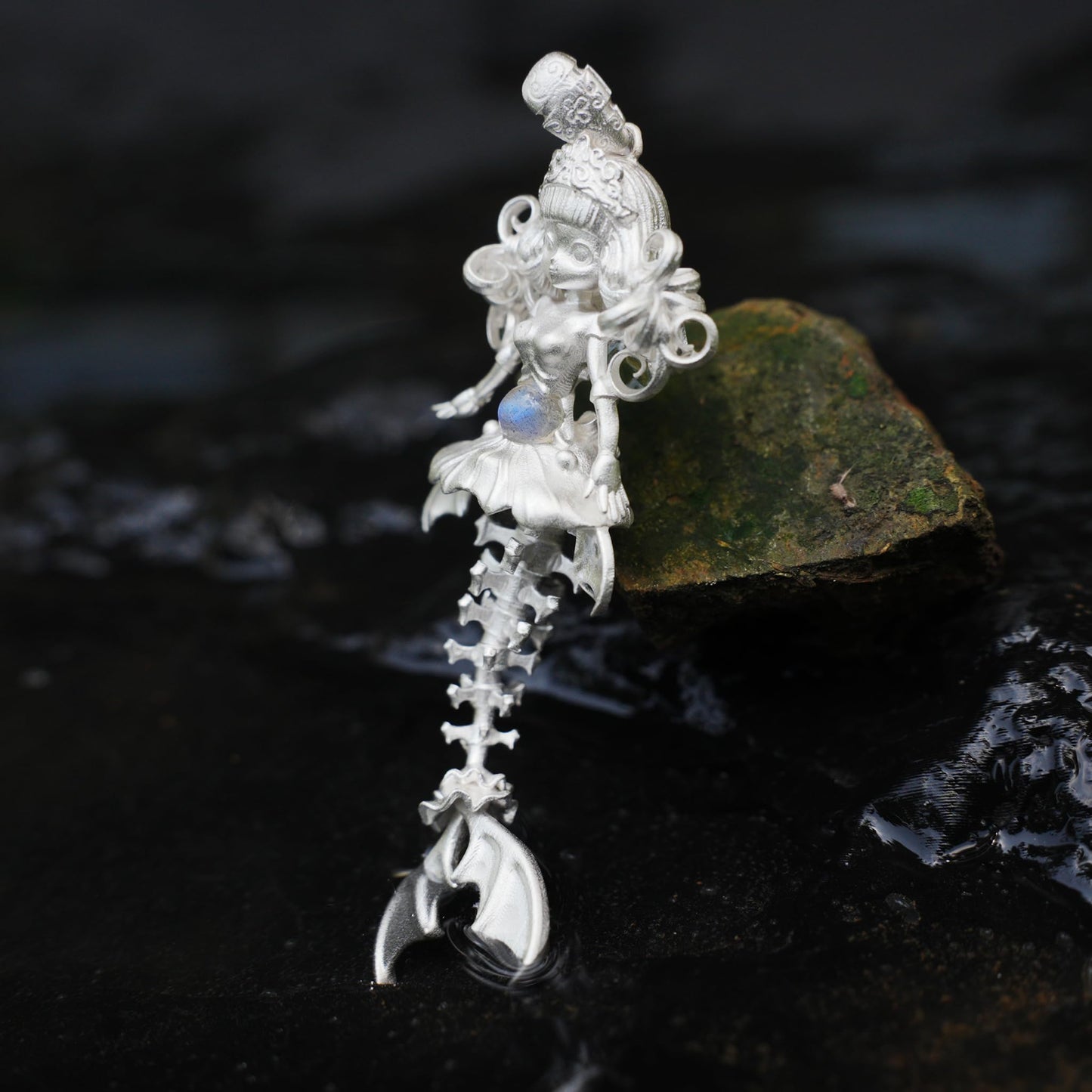 925 Sterling Silver Mermaid Skeleton Pendant with Labradorite | Handcrafted Ocean Amulet Necklace | Gothic Fantasy Jewelry Gift