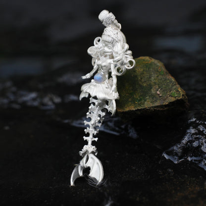 925 Sterling Silver Mermaid Skeleton Pendant with Labradorite | Handcrafted Ocean Amulet Necklace | Gothic Fantasy Jewelry Gift