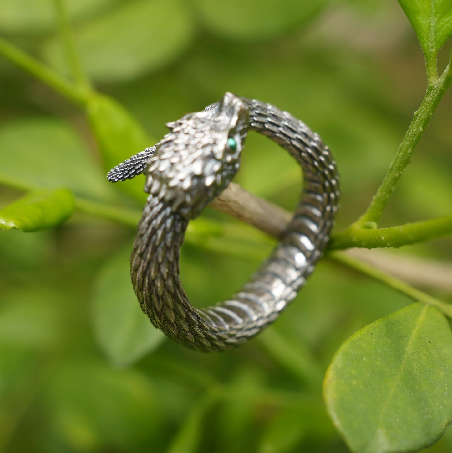 Mystic Snake Ring, Green Zircon, Dragon Scale Design, Handmade Fantasy Amulet Jewelry, For Collection & Gift