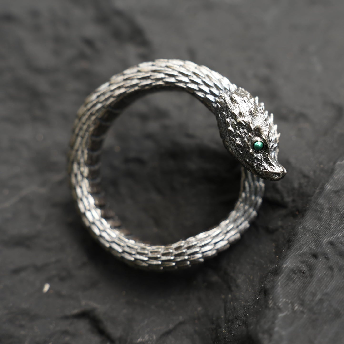 Mystic Snake Ring, Green Zircon, Dragon Scale Design, Handmade Fantasy Amulet Jewelry, For Collection & Gift