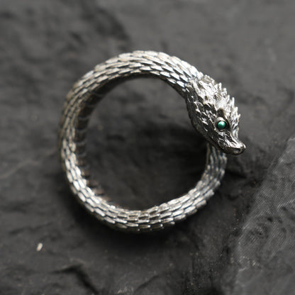 Mystic Snake Ring, Green Zircon, Dragon Scale Design, Handmade Fantasy Amulet Jewelry, For Collection & Gift