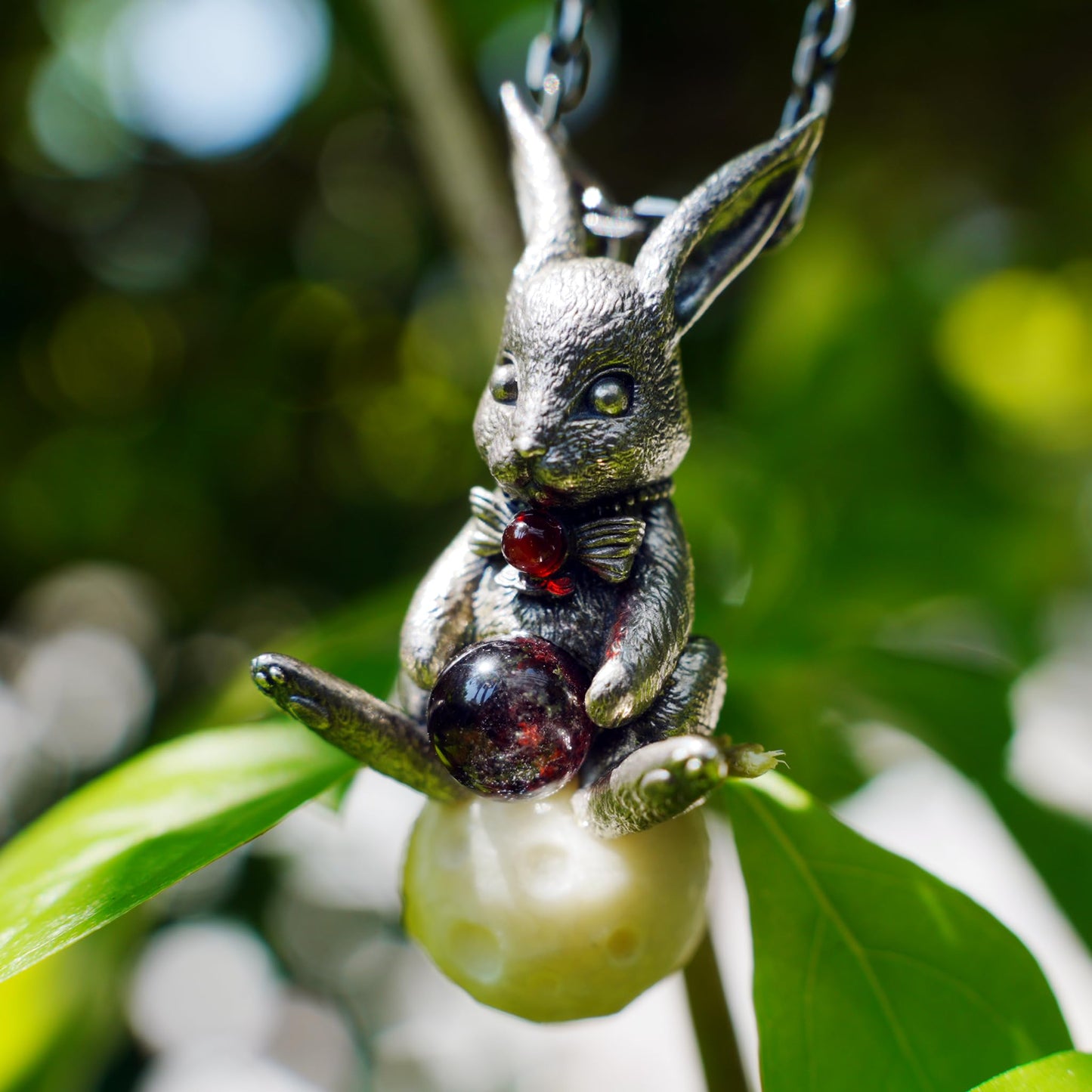 925 Sterling Silver Moon Rabbit Pendant with Red Agate & Phantom Quartz | Handmade Fantasy Necklace | Symbolic Spring Totem Jewelry Gift