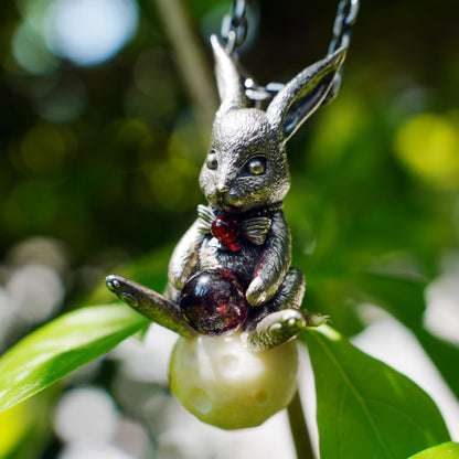 925 Sterling Silver Moon Rabbit Pendant with Red Agate & Phantom Quartz | Handmade Fantasy Necklace | Symbolic Spring Totem Jewelry Gift