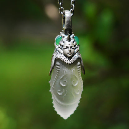 Carved Rock Crystal Pendant with Green Chalcedony | Handmade Gothic Totem Necklace in 925 Sterling Silver | Spiritual Gift for Her
