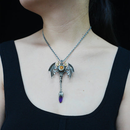 Gothic Totem Pendant | 925 Silver & Brass Necklace with Amethyst Drop and Opal Eye | Handmade Fantasy Jewelry for Him