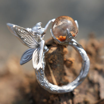 925 Sterling Silver Forest Elf Ring with Natural Phantom Quartz | Handcrafted Nature Fantasy Jewelry | Symbolic Ring for Nature Lovers