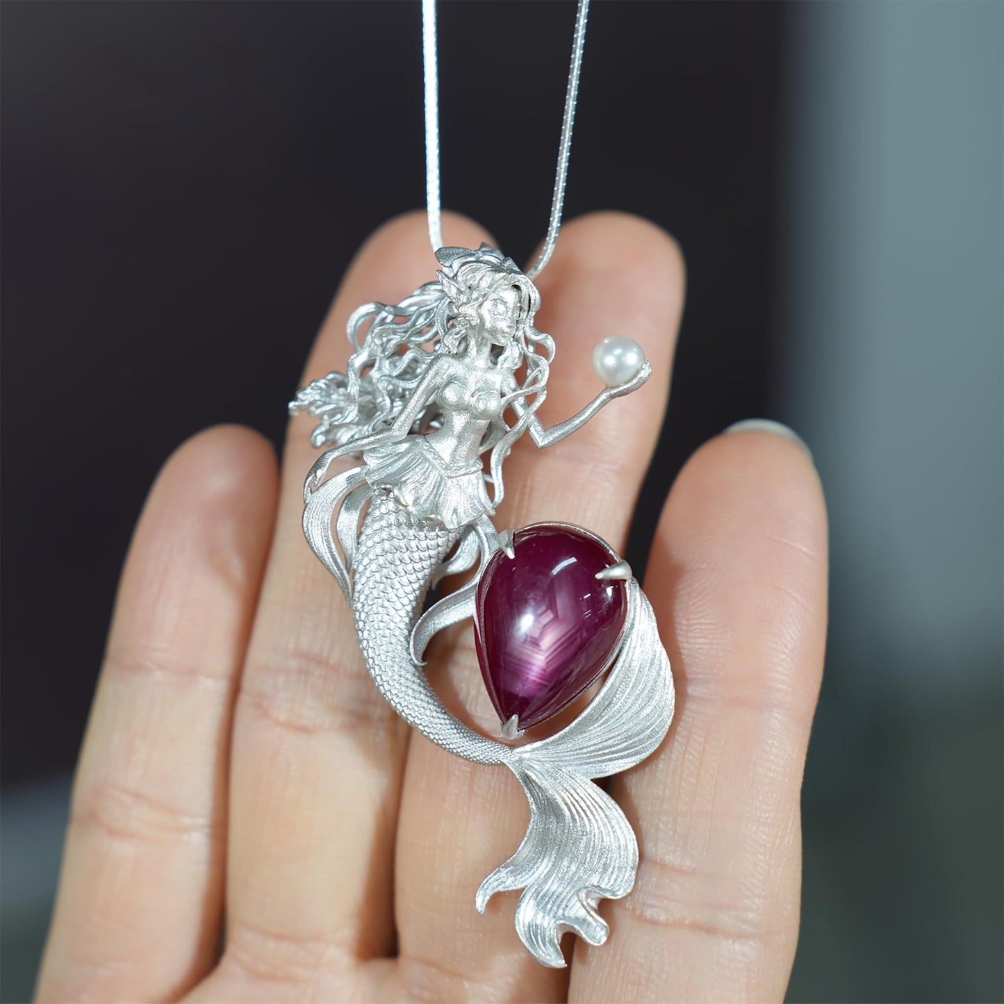 Mermaid Pendant Necklace with Star Ruby & Pearl | Handcrafted Ocean Fantasy Jewelry | Symbol of Love & Protection