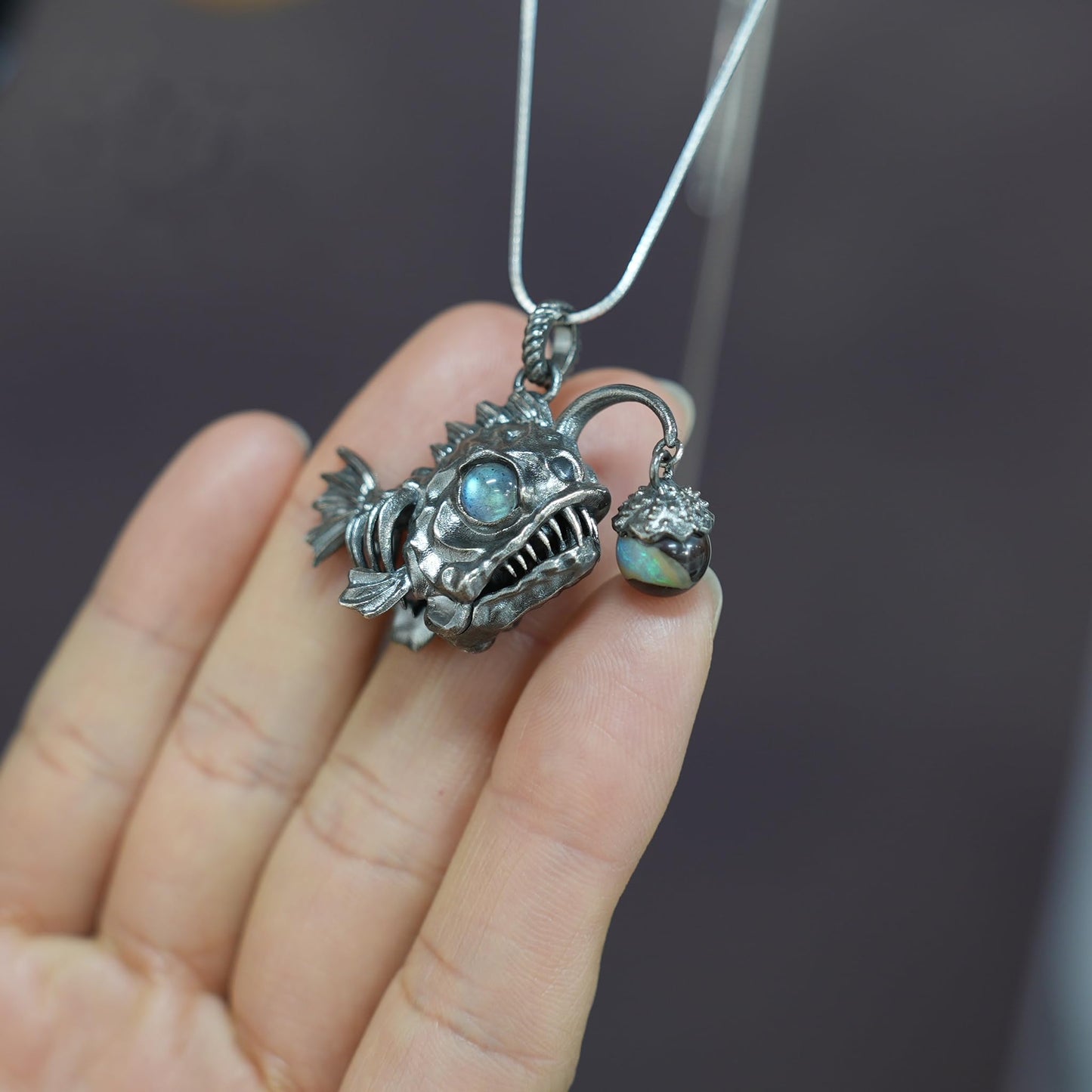 Anglerfish Pendant | 925 Sterling Silver & Labradorite Necklace | Handmade Ocean-Inspired Jewelry Gift for Sea Lovers & Collectors