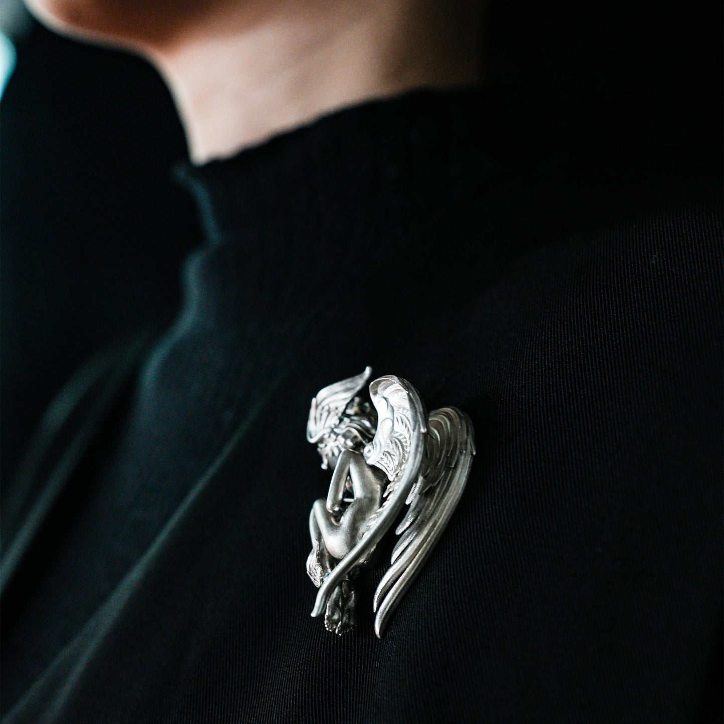 Angel Guardian Pendant | 925 Sterling Silver Gothic Sculpture Necklace with Wings & Clear Quartz | Handcrafted Fantasy Jewelry Gift