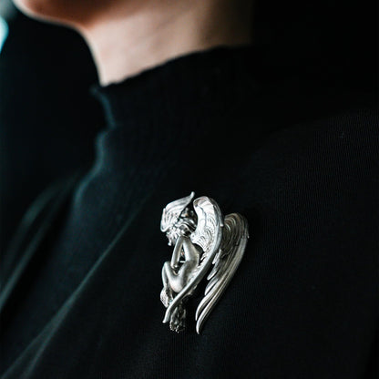 Angel Guardian Pendant | 925 Sterling Silver Gothic Sculpture Necklace with Wings & Clear Quartz | Handcrafted Fantasy Jewelry Gift