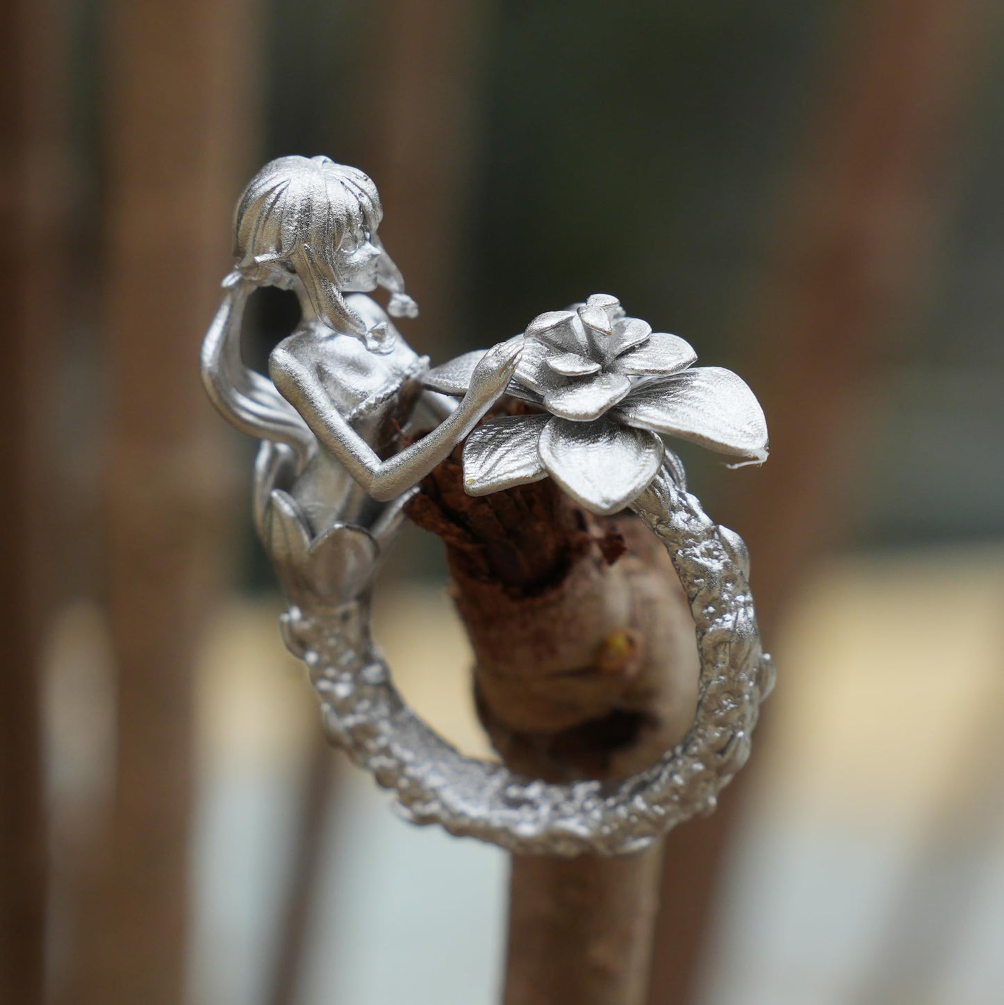 Fairy Flower Ring in 925 Sterling Silver | Handmade Fantasy Jewelry with Phantom Stone | Nature-Inspired Gift for Her