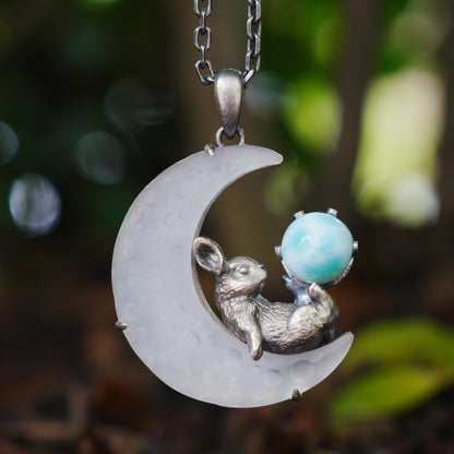 Rabbit Pendant with Larimar & White Quartz Moon | Handcrafted Fantasy Jewelry | Celestial Totem Gift for Serenity
