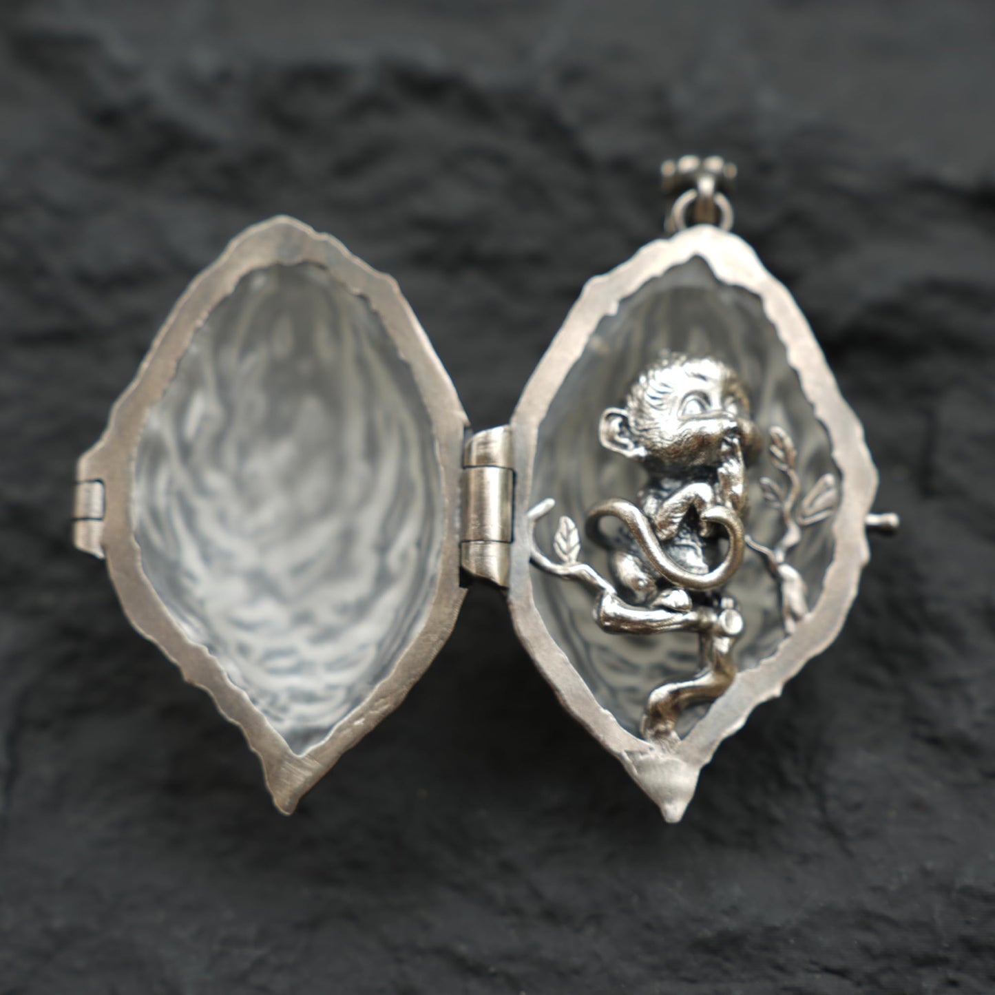 Openable Crystal Peach Pendant | Monkey Spirit Amulet | 925 Silver Jewelry | Handmade Fantasy Talisman | Spiritual Gift for Her