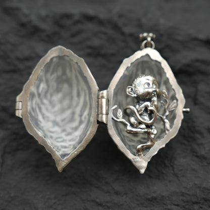 Openable Crystal Peach Pendant | Monkey Spirit Amulet | 925 Silver Jewelry | Handmade Fantasy Talisman | Spiritual Gift for Her