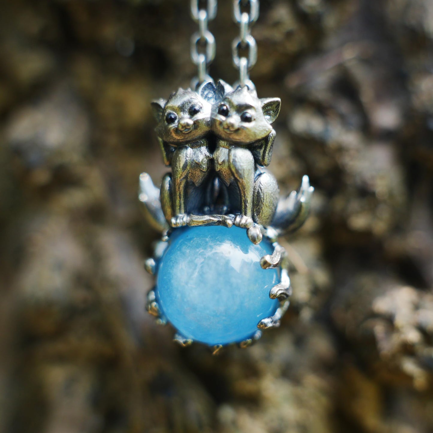 925 Silver Fox Totem Pendant with Aquamarine | Handmade Fantasy Amulet Necklace | Twin Guardian Spirit Jewelry Gift