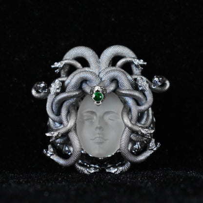Sleeping Eye Medusa Pendant | 925 Silver Goddess Amulet with Quartz & Emerald | Symbol of Inner Wisdom, Stillness & Spiritual Awakening